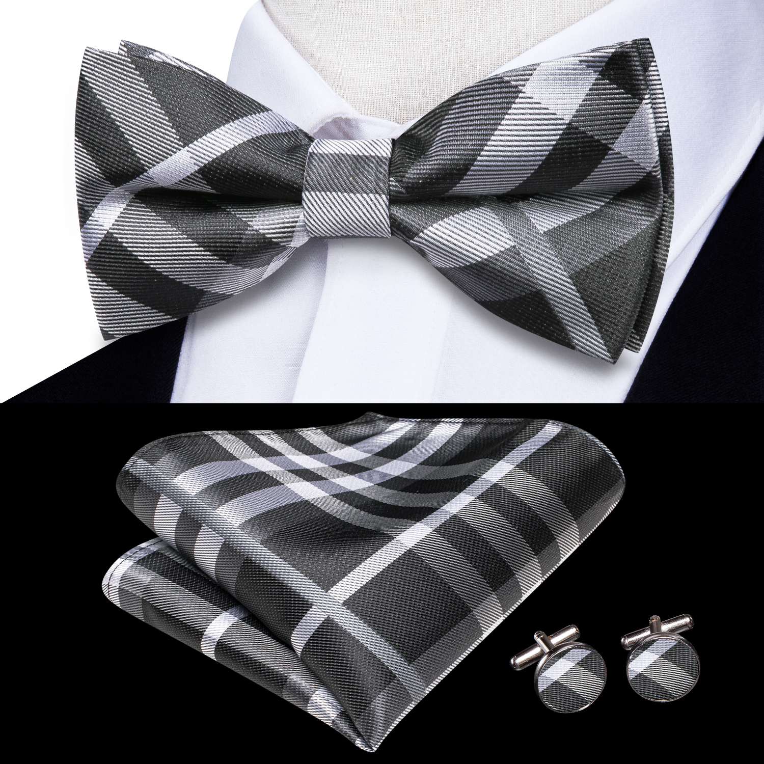 Hi-Tie Grey Plaid Jacquard Sil - Bow Tie Pre Tied avis et prix