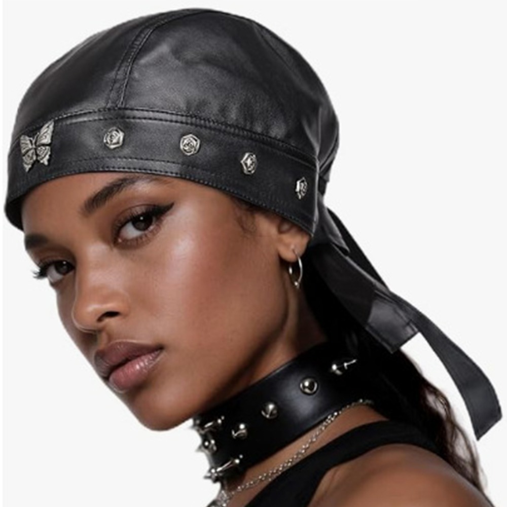 New PU Leather Black Biker Cap - Bandana Doo Rag avis et prix